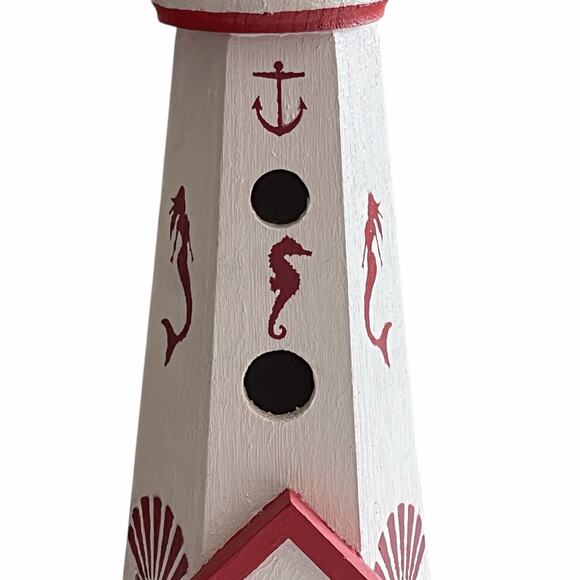 Handmade Red & White Painted Wooden Lighthouse Bird House 10.5" x 4.75" - Picture 6 of 9